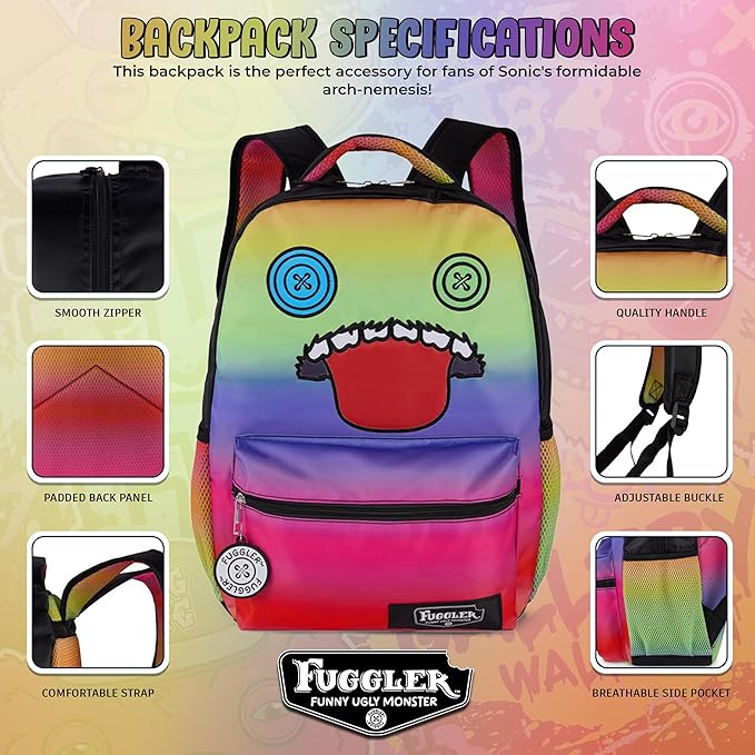 AI ACCESSORY INNOVATIONS Fuggler Backpack with Big Face Oogah Boogah Character, Rainbow Gradient, 16 Inch, Polyester, 3 Pockets, Adjustable Straps, for Kids Ages 5-12