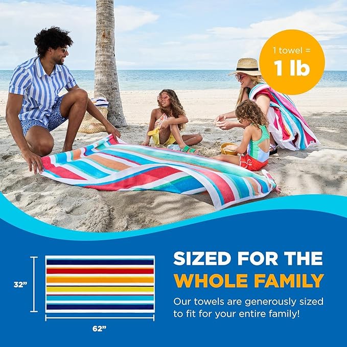 Ben Kaufman Joey Velour Colored Classic Multi-Color Stripe Beach & Pool Towel - Large Cotton Towel - Soft & Absorbant - Assorted Colors - 32” x 62” - 4 Pack