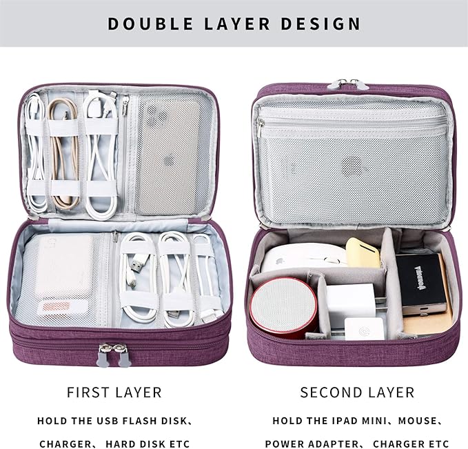 Lanola Travel Cable Organizer Bag, Electronic Accessories Case Portable Double Layer Cable Storage Bag for Cord,phone,Charger, Flash Drive, Phone, SD Card,Personal Items - (Purple)