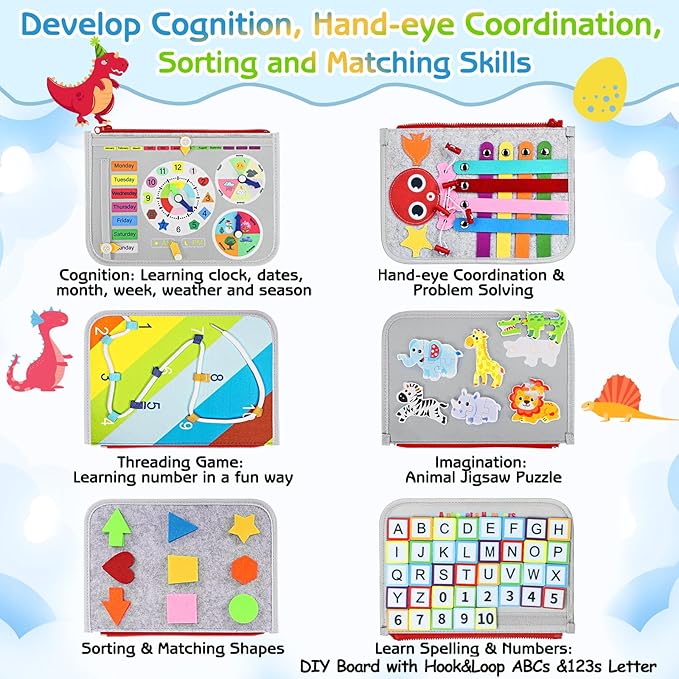 Esjay Toddler Busy Board Montessori Toys for Boys Girls, Sensory Book Educational Activities for Learning Fine Motor Skills, Birthday Gifts for Toddlers, Travel Toys for Airplane Car,Grey Dinosaur