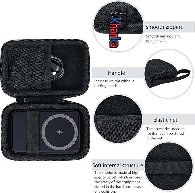 Khanka Hard Travel Case Replacement for Anker 621/622 / 633 Magnetic Battery (MagGo), 5000mAh 10000mAh Magnetic Wireless Portable Charger, Case Only (Black)
