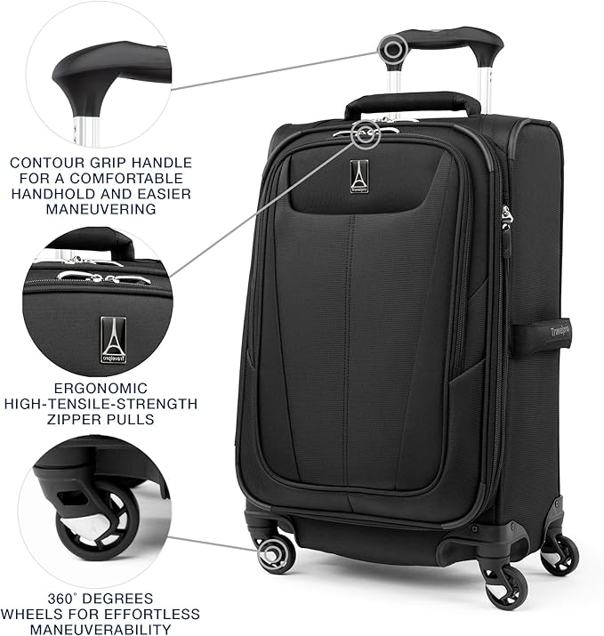 Travelpro Maxlite 5 Softside Expandable Luggage with 4 Spinner Wheels, Lightweight Suitcase, Men and Women, Black, Carry-on 21-Inch