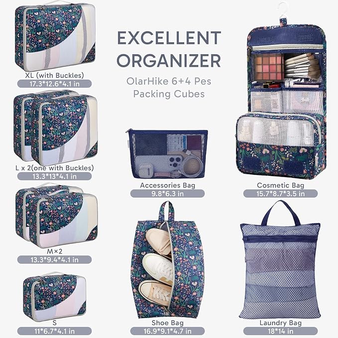 10 Set Packing Cubes for Travel, Gifts for Women Mom,Anti-Tearing Suitcase Organizer,OlarHike Vacation Essentials & Accessories for Cruise Ship