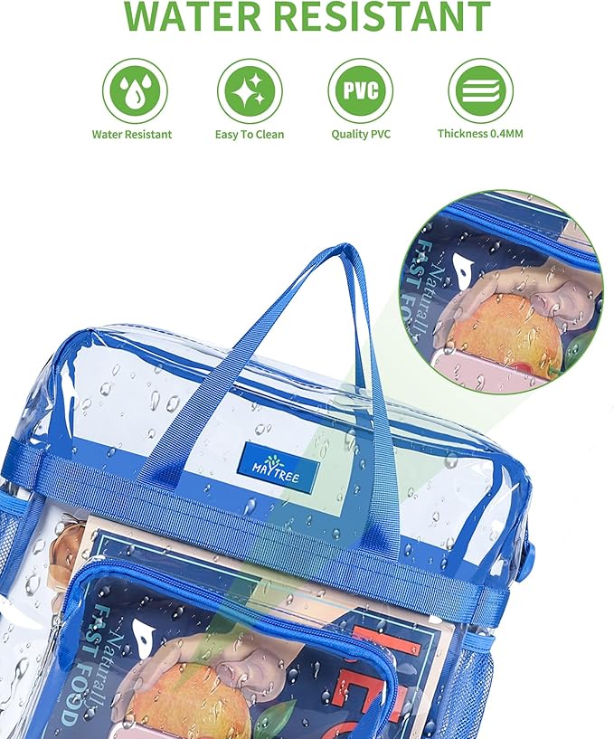MAY TREE Clear Bag for Stadium Events 12×6×12 Clear Tote Lunch Bag with Reinforced Straps for Work, Sporting Events and Gym, Blue