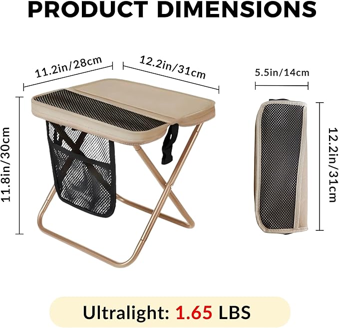 12" Portable Collapsible Stool - Folding Chair with Storage Pouch, Convertible Satchel for Hands-Free Carry & Supports 265Lbs, Ultralight for Hiking, Fishing, Camping, Festivals (Khaki, Standard)