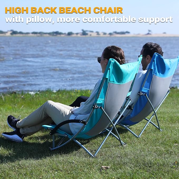 KingCamp Low Beach Chair, High Back Folding Camping Chair for Adults, Oversized Breathable Mesh Seat, 300lbs Heavy Duty Portable Chair with Cup Holder & Storage Pockets for Beach, Outdoor