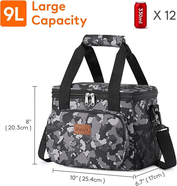 Lifewit Medium Lunch Bag, Insulated Lunch Box, Soft Cooler Cooling Tote for Adult Men Women, Black Camo 12-Can (9L)