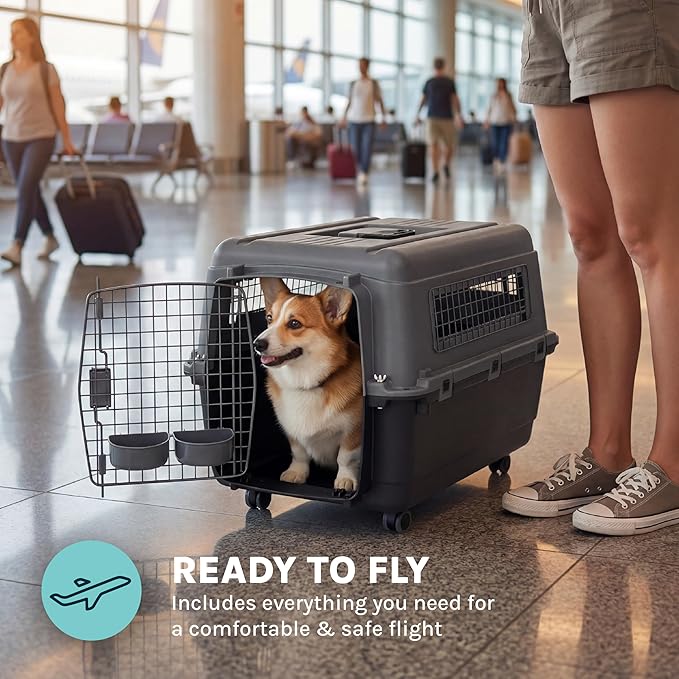 SportPet Airline Compliant MEDIUM 26.5" Travel Dog Kennel-Durable Plastic Airline Pet Carrier w/ Removable Wheels & Food Bowls, Collapsible Indoor/Outdoor Dog Kennel, Dogs up to 23"L & 15"H-Dark Gray