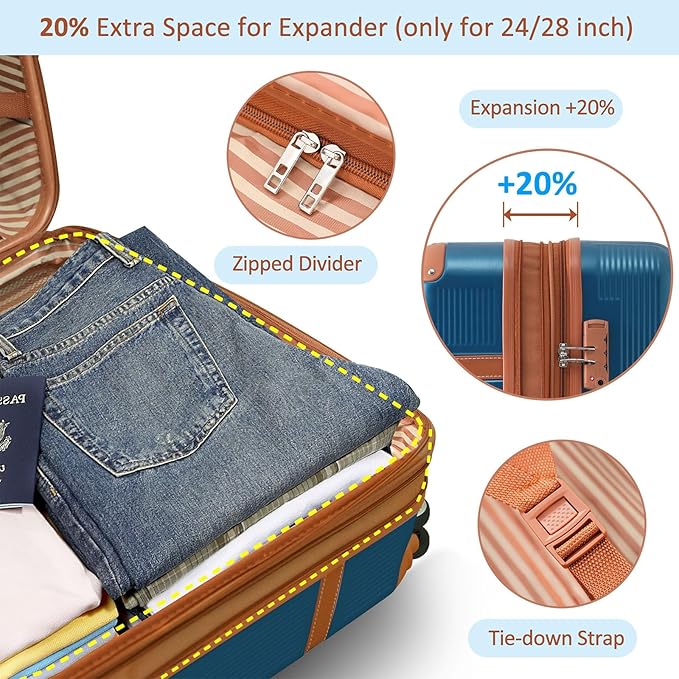 3 Piece Hardshell Luggage Sets 20"+24''+28" Expandable Hardside Luggages Spinner Suitcase with Spinner Wheels & TSA Lock,Lightweight Luggage Sets For Women Men Outdoor Travel Blue