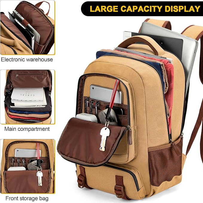 Tzowla Canvas Laptop Backpack, Bag for Men Women,Travel Work Rucksack Fits 17.3 Inch Laptop, Large Capacity Bookbag(Yellow)