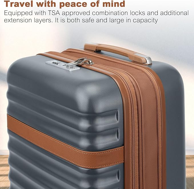 Kono Medium Sized Checked Luggage, 24 Inch Expandable with Spinner Wheels, TSA Lock, ABS + PC Lightweight Travel Suitcase with Larger Capacity and Lighter Weight, Grey Brown