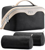 BOYATU Travel Makeup Bag Organizer Cosmetic Bag: 3 Pcs Set Make up Bags for Women with Handle - Waterproof Vegan Leather Toiletry Bags Travel Essentials Pouch with Compartments (A-01-Black)
