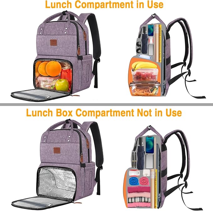 MATEIN Womens Backpack with Lunch Compartment, Fits 17 Inch Laptop Backpack, Water Resistant Cooler Backpack Tote Food Bag for Work College Travel Camping Picnic, (Purple)