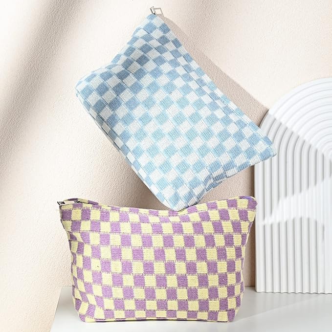 SOIDRAM 2 Pieces Makeup Bag Large Checkered Cosmetic Bag Capacity Canvas Travel Toiletry Bag Organizer Cute Makeup Brushes Aesthetic Accessories Storage Bag for Women,Checkered L Purple Light blue