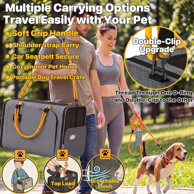PAWZIDEA Expandable Large Pet Carrier, 24"×16"×16" Soft-Sided Cat Carrier for 2–4 Cats up 55lb, Portable & Collapsible Small Medium Dog Travel Crate for Car, XL Storage Pocket, ID Card, Shoulder Strap