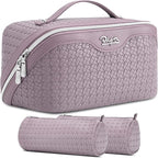 BOYATU Travel Makeup Bag Cosmetic Bags for Women: Large Capacity 3 Pcs Set Make up Bag with Compartments - Waterproof Vegan Leather Toiletry Organizer Bags with Handle (L55Light Purple)