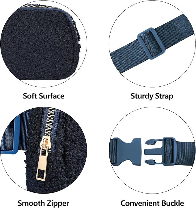 Fleece Fanny pack with Adjustable Strap for Women and Men Crossbody Bag Bum Bag, Waist Pack for Hiking Workout Sports Travel Blue