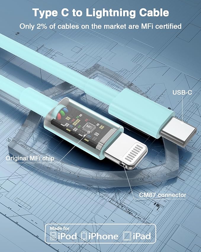 Susnwere USB C to Lightning Cable (2pack 6ft), Apple MFi Certified iPhone Fast Charger 2m, Power Delivery Original Type C Charging Cord for Apple iPhone 13/12/11 Pro/11/XS MAX/XR/8/7/6s Plus,iPad
