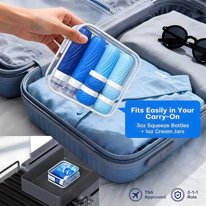 Travel Bottles for Toiletries 8 Pack: TSA Approved 3oz Leak Proof Containers - Silicone Squeezable Bottles for Shampoo Lotion - Travel Essentials for Women Men with Clear Bag