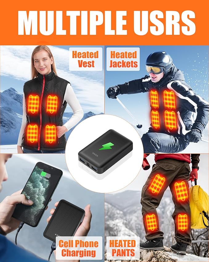 CYCYHEAT 10000mAh Battery Pack for Heated Vest Jacket Coat Pants and Heating Underwear, 5V2A Heated Clothing Replacement Battery Pack (Black, 5V2A USB Port 10000mAh)