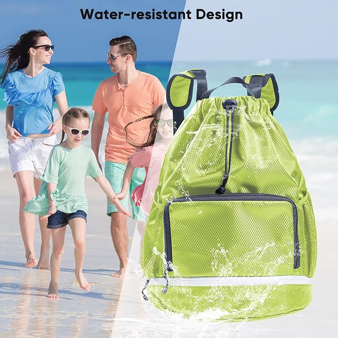Swim Beach Sports Drawstring Backpack - Gym Bag with Shoes Compartment and Waterproof Pocket for Gym Accessories, Swim Essentials - Kids Mens Beach Workout Bag