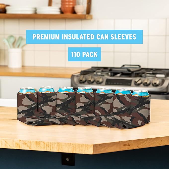 Blank Beer Can Cooler Sleeves (110-Pack) Soft Insulated Beer Can Coolies - HTV Friendly Blank Koolies in Bulk for Beer Cans & Bottles - Coolie Blanks for Vinyl Projects & Wedding Favors (Classic Camo)