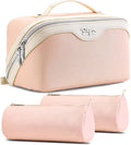 BOYATU Travel Makeup Bag Organizer Cosmetic Bag: 3 Pcs Set Make up Bags for Women with Handle - Waterproof Vegan Leather Toiletry Bags Travel Essentials Pouch with Compartments (A-09-Pink)