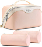 BOYATU Travel Makeup Bag Organizer Cosmetic Bag: 3 Pcs Set Make up Bags for Women with Handle - Waterproof Vegan Leather Toiletry Bags Travel Essentials Pouch with Compartments (A-09-Pink)