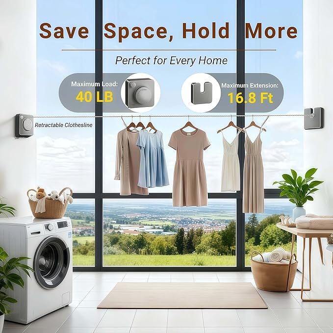 Retractable Clothesline Indoor & Outdoor – 16.8 Ft Non-Sagging Heavy-Duty Stainless Steel Clothes Line for Apartments, Bathrooms, Balconies & RV Walls, Space-Saving Laundry Line