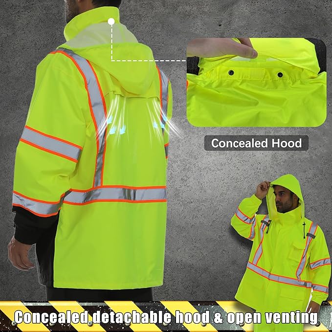 Hi Vis Safety Rain Jacket for Men Women Waterproof Breathable Rain Gears with Mesh Lining Black Bottom Lightweight Work Jacket (2XL/3XL)
