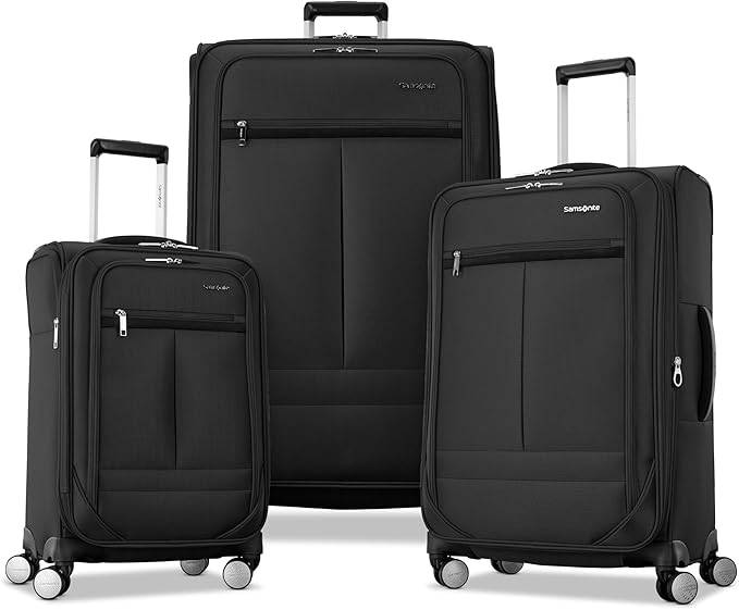 Samsonite 3-PC Soft-Sided 21/25/29” (Carry-On, Medium, Large Checked), Lightweight Expandable Element Luggage Set: 2 Front & Side Pocket, Four Spinner Wheels, Adjustable Handle, Durable- Black