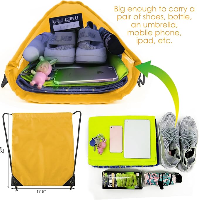 BeeGreen Yellow Drawstring Backpack Bags Bulk 2 Pack X-Large 22.4" L x 17.5" W Sports Cinch Sackpack Gym String Bags Machine Washable Heavy Duty for Men Women