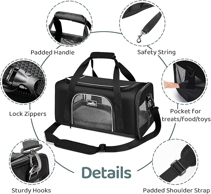 Wakytu TSA Approved Pet Carrier for Small Medium Cats and Dogs | Dog Carrier with Adequate Ventilation | 4 Mesh Windows, 3 Entrance, Locking Safety Zippers, Padded Shoulder Strap, Black