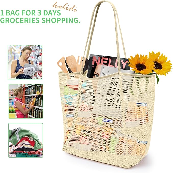 KALIDI Beach Nylon Mesh Tote Bag, Casual Tote Bag Hobo Women Foldable MAX 23L Shoulder Bag For Beach Picnic Vacation