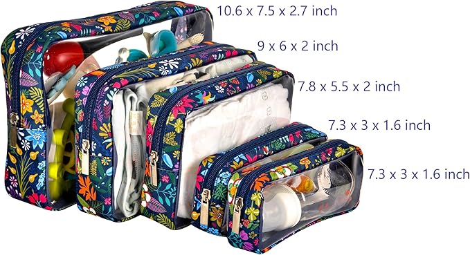 Remobia Hicol TSA Approved 5-Piece Diaper Bag Organizer Pouch Set Clear Waterproof TPU Kids Toiletry Storage Set Travel Packing Clutch Cube Bags for Baby Nursing(Flower)
