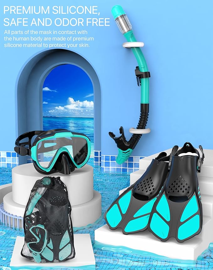 Ubekezele Snorkeling Gear for Adults Men Women,4 in 1 Snorkel Set with Panoramic View Diving Mask Anti-Fog Anti-Leak,Dry Top Snorkel,Fins and Travel Bag for Swimming,Snorkeling and Travel Diving