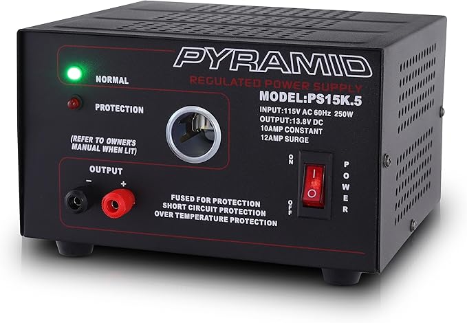 Pyramid Universal Compact Bench Power Supply - 10 Amp Linear Regulated Home Lab Benchtop AC-to-DC Converter w/ 13.8 Volt DC 115V AC 250W Input, Screw Type Terminal, 12V Car Cigarette Lighter-PS15K.5