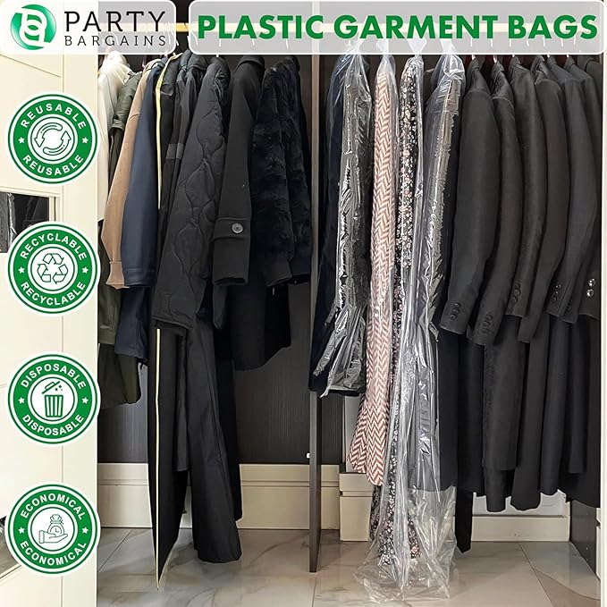 PARTY BARGAINS 72 x 20 Inch Disposable Clear Garment Bags, 100 Pack – Heavy-Duty Plastic Clothes Covers for Suits Dresses Coats, Closet & Travel
