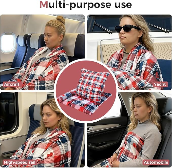 3 in 1 Travel Pillow Blanket Set with Removable Flannel Blanket Throw,Hand Warmer Pockets,Pillow (Color2, 60in*79in)