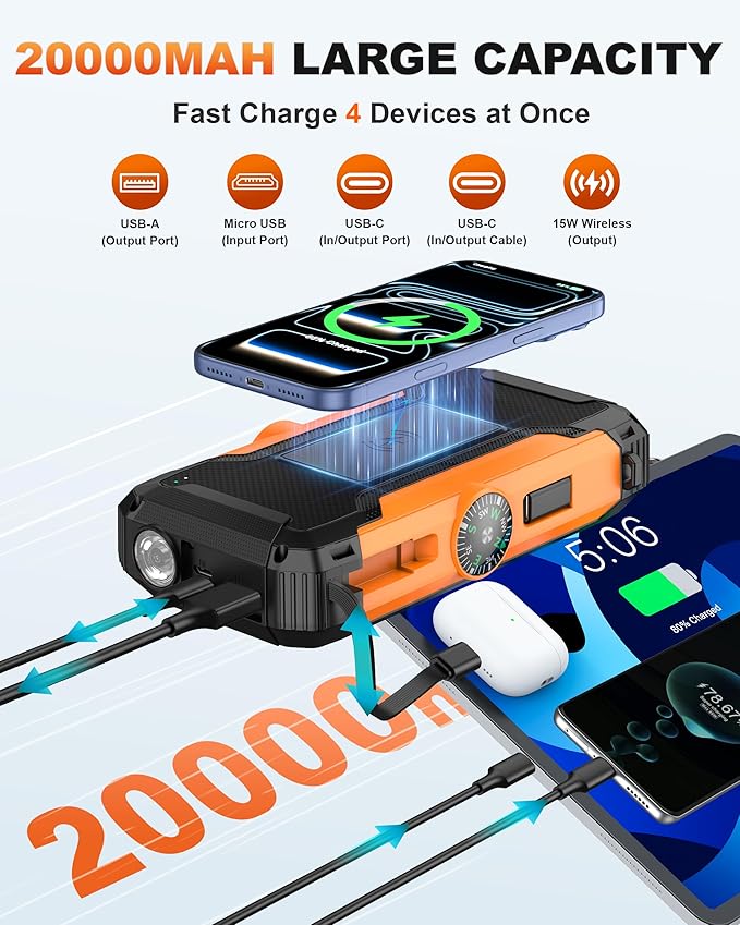 Solar Power Bank with Hand Crank and Retractable Cables, 20000mAh Wireless Portable Charger with USB-C & Camping Light, 25W Fast Charging Battery Pack for iPhone, iPad, Samsung, All Mobile Phones