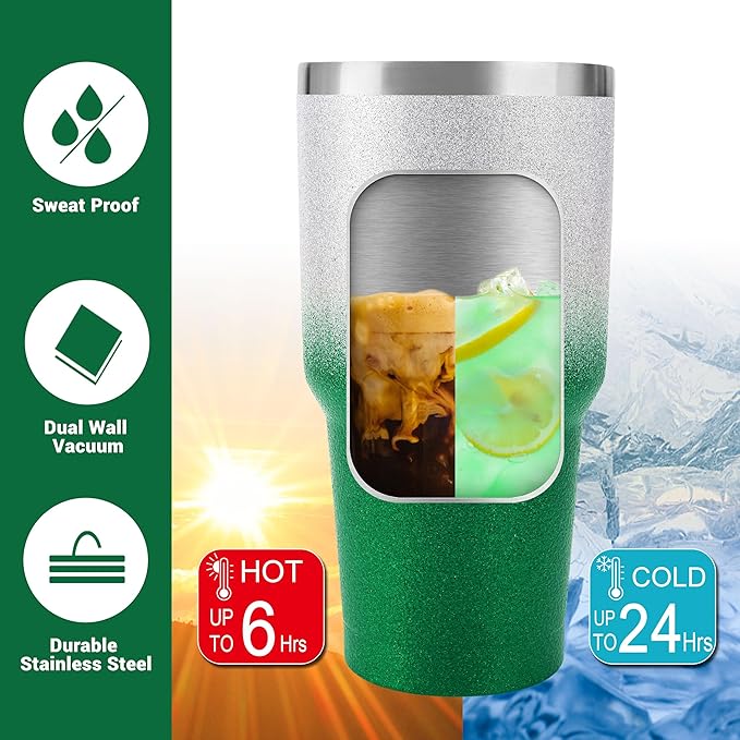 D·S 30 oz Tumbler Christmas Green Glitter Gradient Cup Stainless Steel Double Wall Vacuum Insulated Mug with Straw and Lid, Cleaning Brush for Cold and Hot Beverages
