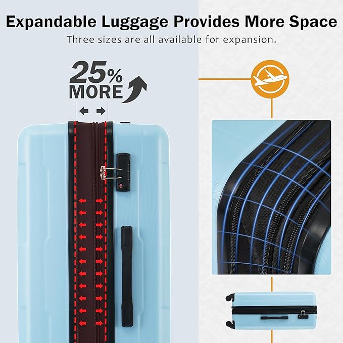 Luggage Sets, 2 Piece Carry on Luggage Set with Travel Bags, 2 Piece Expandable Spinner Hardshell Suitcase with TSA Lock, Back to School Suitcase, Women Men, Light Blue, 20/24 inch