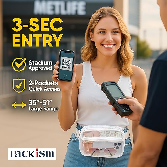 Packism Clear Fanny Pack Stadium Approved - Plus Size 35-51 inches Adjustable Strap Clear Belt Bag for Women Men Transparent Waist Bag for Concerts, Sporting Events, Pink