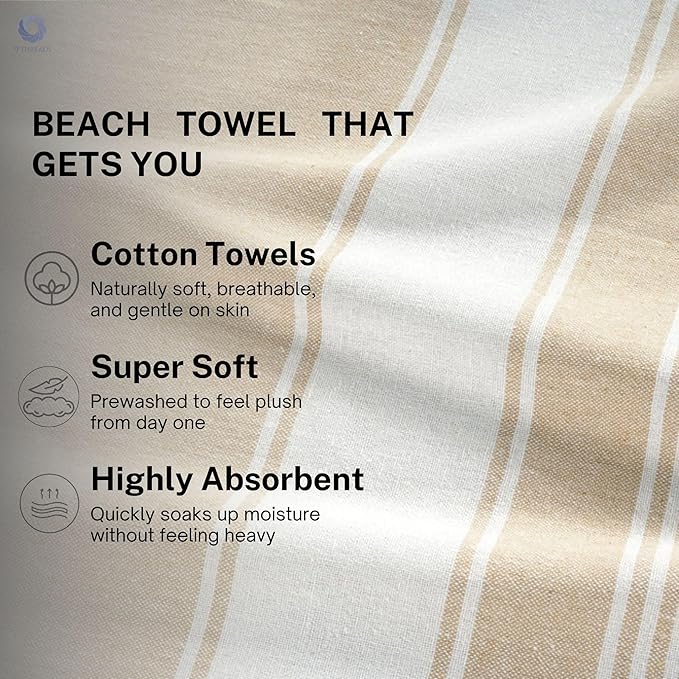 Cotton Turkish Beach Towel with Towels Oversized 36"x72" Pool Absorbent Extra Large Quick Dry Sand Travel Towel (Beige, 2 Pack)