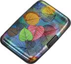 ELFISH Mini RFID Aluminum Wallet Credit Cards Holder Business Card Case Metal ID Case for Men Women（Colorful Leaves