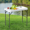 Folding Fish Cleaning Table with Sink, Portable Camping Sink Table with Measure Mark, Drainage Hose and Knife Groove, Outdoor Fish Fillet Cleaning Station for Picnic Fishing, White