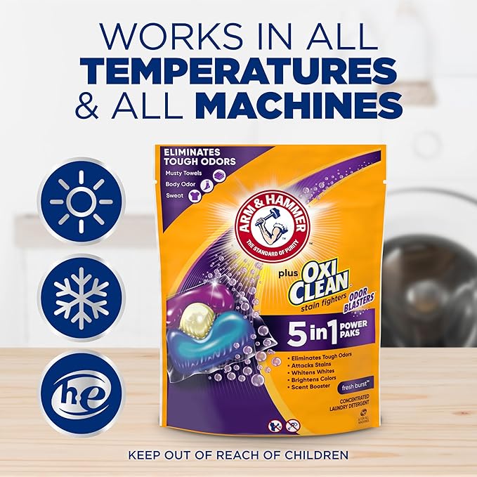 ARM & HAMMER Plus OxiClean With Odor Blasters Laundry Detergent, 5-IN-1 Power Paks, 72 Ct