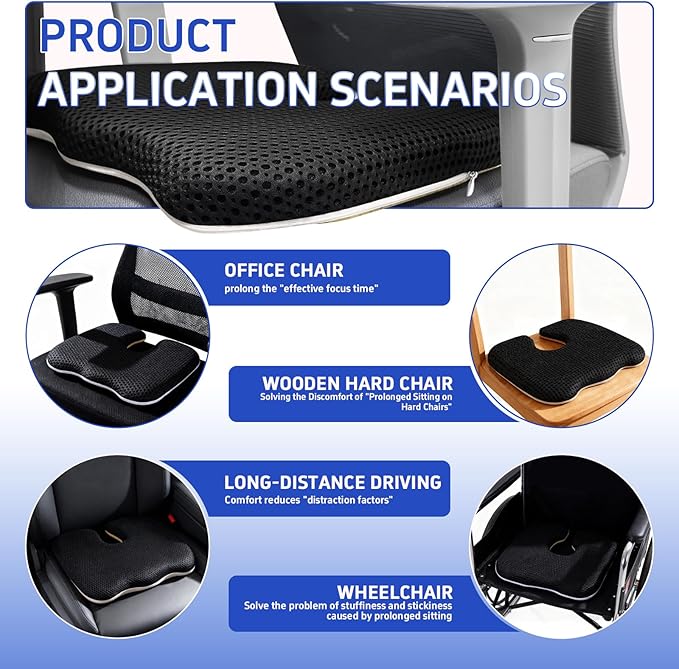 Gooo&Ma Office Chair Cushion - Air Fiber Seat Cushion for Tailbone Pain Relief, Breathable Cooling U-Shape Desk Chair Pad for Car & Gaming, Ergonomic Memory Foam Alternative Washable(Black)
