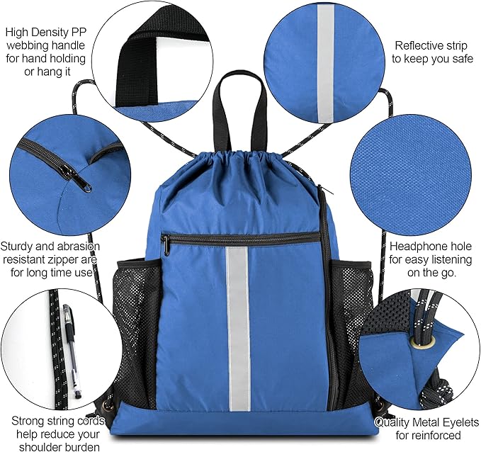 BeeGreen Royal Blue String Backpack Bag Cinch Sack with Shoe Compartment and Two Side Mesh Pockets Lightweight Sturdy Drawstring Gym Sackpack 1 Pack for Unisex