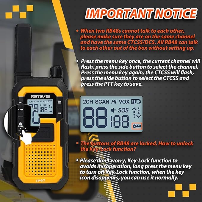 Retevis RB48 Walkie Talkies Long Range,MIL-STD 810H IP67 Waterproof Two Way Radios with Earpiece, Support VOX, Vibration Call, 2000mAh, NOAA, 2 Way Radio for Business(2 Pack)